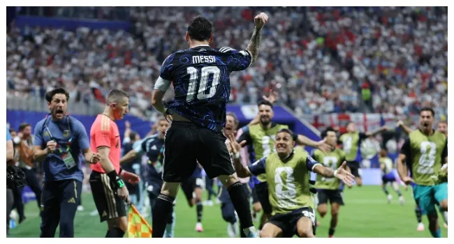 Argentina's forward #10 Lionel Messi celebrates his team's second goal scored by Argentina's forward #22 Lautaro Martinez (out of frame) during the 2026 World Cup football tournament semi-final match between England and Argentina at the Atlanta Stadium in Atlanta on July 15, 2026. (Photo by Thomas COEX / AFP)