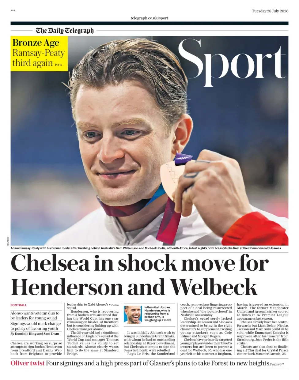 Lead sport page in the Daily Telegraph on 28 July 2026